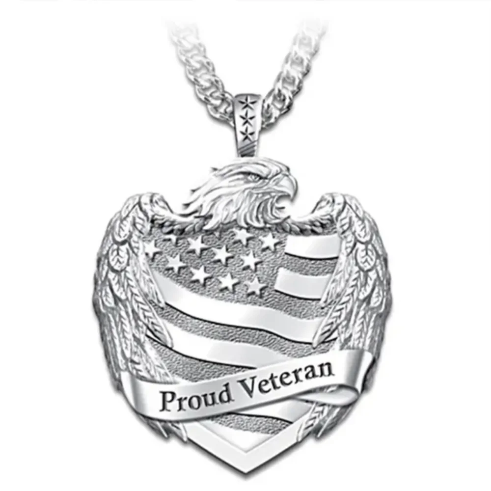 New men's proud veteran military American flag eagle pendant necklace